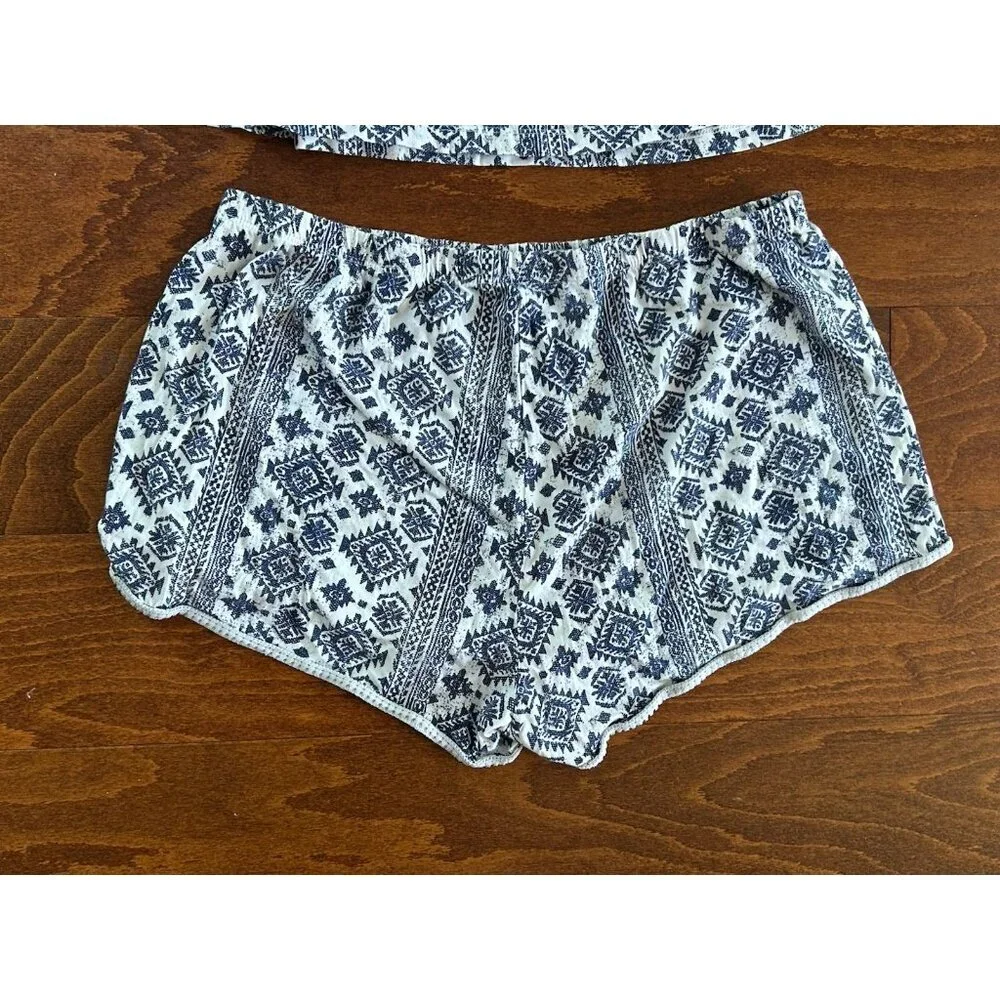 Lucky Brand Pajama Loungewear Top Shorts Women’s M Blue Aztec Print 2 Piece Knit